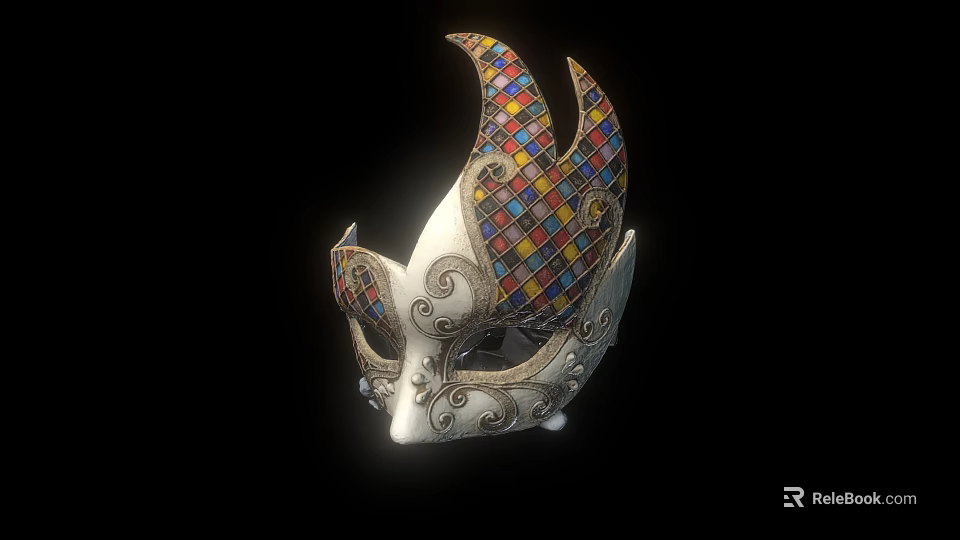 Intricate Decorative Venetian Mask With Colorful Mosaic Tiles And Silver Curved Patterns 3d model 
