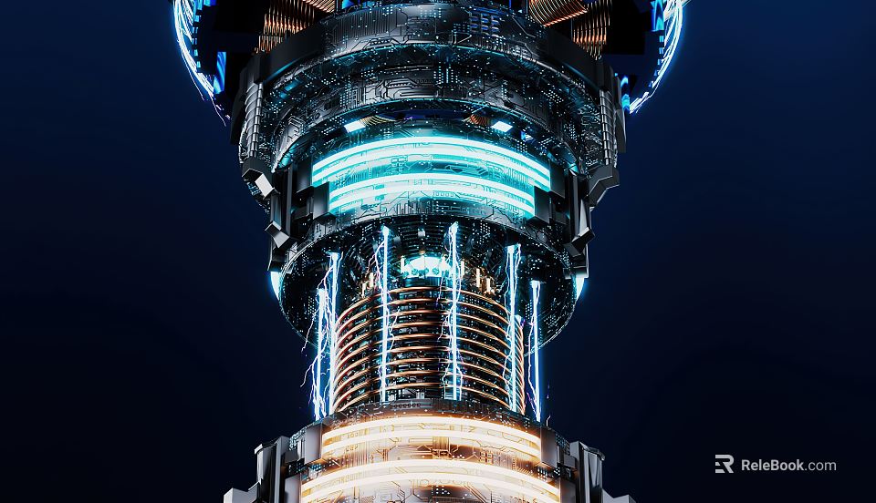 Futuristic High Tech Engine With Complex Structure Blue White Glowing Lines And Multi Layer Metal 3d model 