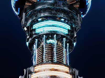 Futuristic High Tech Engine With Complex Structure Blue White Glowing Lines And Multi Layer Metal 3d model