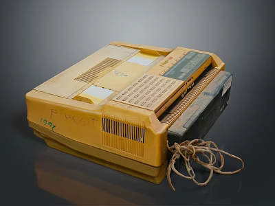 Vintage Yellow Fax Machine From 1984 With Worn Appearance And Tangled Cable 3d model