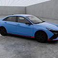 Blue Modern Sedan With Black Wheels And Red Trim In Indoor Showroom