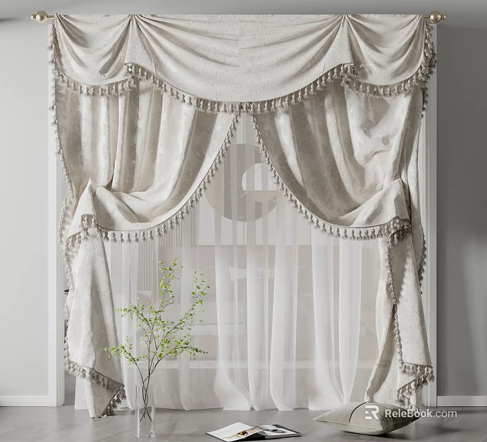 Cream Colored Curtains With Tassel Trim And Ruffled Design For Window Decor 3d model 