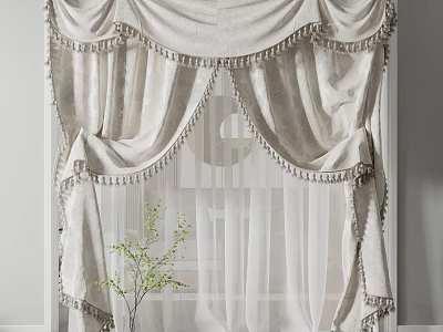 Cream Colored Curtains With Tassel Trim And Ruffled Design For Window Decor 3d model