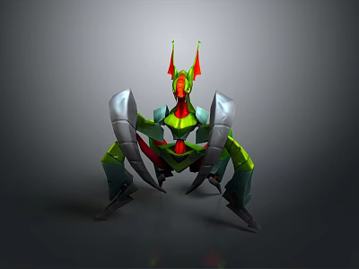 Biomechanical 3D Creature Character with Green Red Body Horned Head and Clawed Limbs 3d model