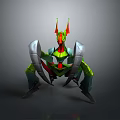Biomechanical 3D Creature Character with Green Red Body Horned Head and Clawed Limbs