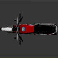 Red Motorcycle With Blue Accents Black Seat White Wheels And Reflective Surface