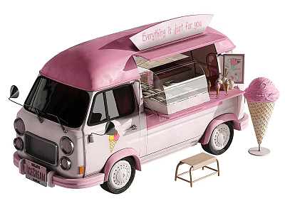 Pink Ice Cream Truck with Display Window Ice Cream Cone Model and Small Stool 3d model
