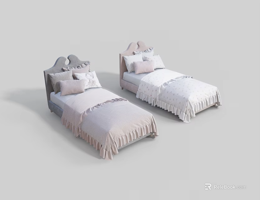 Two Kids Beds With Decorative Headboard Light Colored Bedding Fringed Edges 3d model 