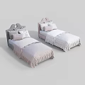 Two Kids Beds With Decorative Headboard Light Colored Bedding Fringed Edges