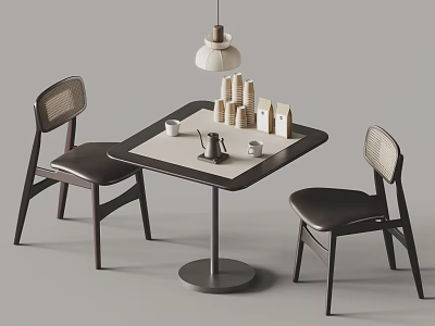 Modern Minimalist Table Chair Set With Square Tabletop Two Woven Back Chairs And Hanging Lamp 3d model