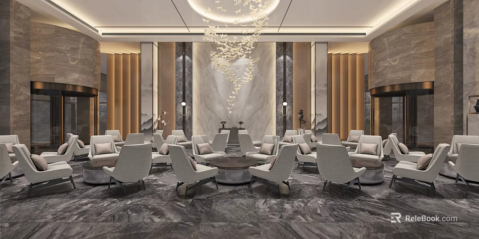 Luxurious Modern Hotel Lobby Interior Design With Marble Floor Large Chandelier Sofa Seats And Columns 3d model 