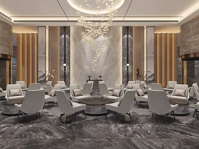 Luxurious Modern Hotel Lobby Interior Design With Marble Floor Large Chandelier Sofa Seats And Columns 3d model