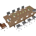Wooden Conference Table With Laptop Documents Small Potted Plants Black Office Chairs And Brown Chair