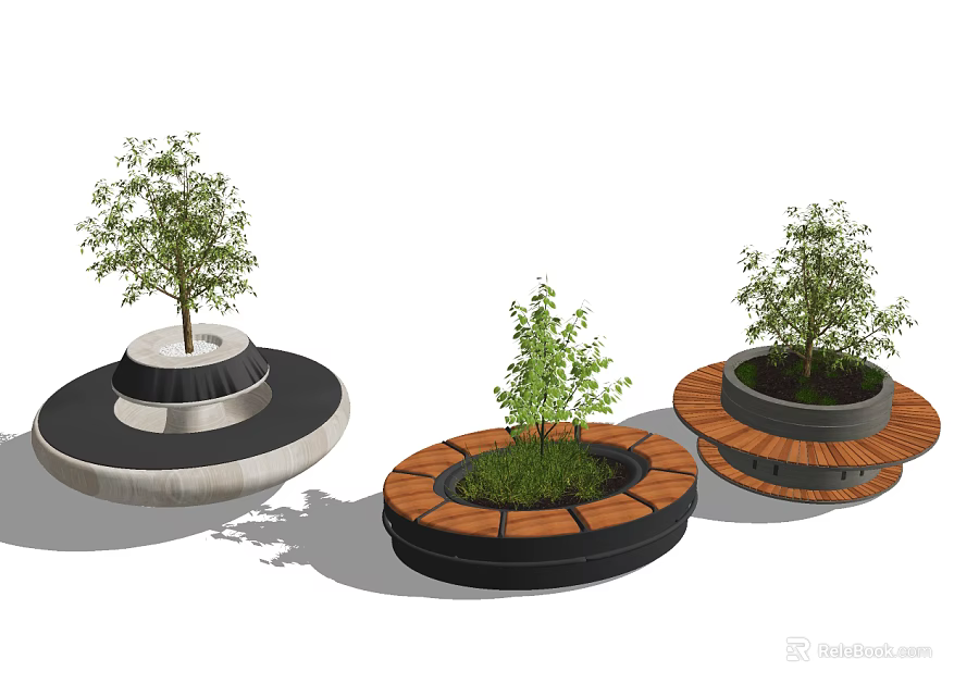 Circular Tree Planters with Wooden Borders Small Trees and Green Grass in Modern Design 3d model 