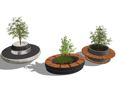 Circular Tree Planters with Wooden Borders Small Trees and Green Grass in Modern Design 3d model