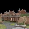 Garden Landscape Design With Wooden Cottages Trees Curved Playground Structures And Gravel Paths