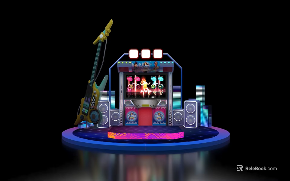 Vibrant Performance Stage With Electric Guitar Neon Lights Speakers And City Skyline 3d model 
