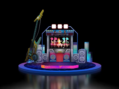 Vibrant Performance Stage With Electric Guitar Neon Lights Speakers And City Skyline 3d model