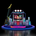 Vibrant Performance Stage With Electric Guitar Neon Lights Speakers And City Skyline
