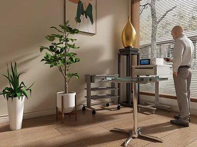 Modern Room Interior With Man Plants Golden Vase Glass Table Trolley And Window 3d model