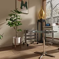 Modern Room Interior With Man Plants Golden Vase Glass Table Trolley And Window