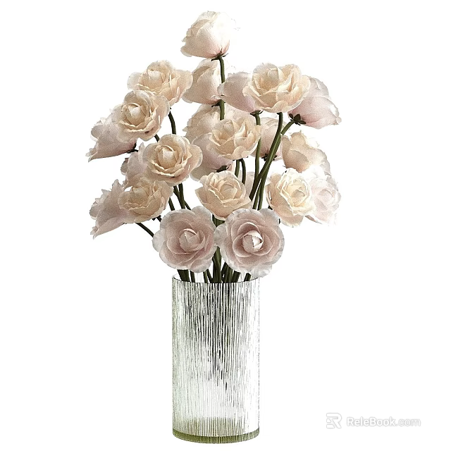 Elegant Silver Vertical Striped Vase Holding Bunch Of Pink Roses 3d model 