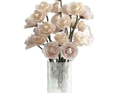 Elegant Silver Vertical Striped Vase Holding Bunch Of Pink Roses 3d model