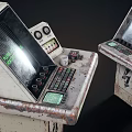 Vintage Entertainment Appliances On Worn Stands With Control Panels And Screens
