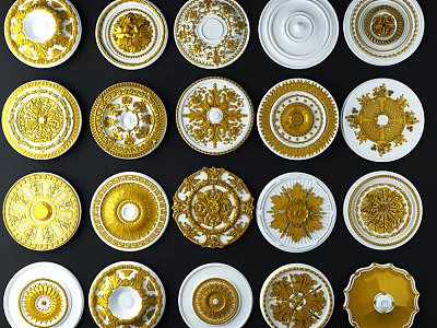 Ornate Ceiling Medallions With Various Intricate Patterns Gold White Colors And Decorative Designs 3d model
