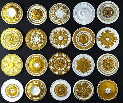 Ornate Ceiling Medallions With Various Intricate Patterns Gold White Colors And Decorative Designs 3d model
