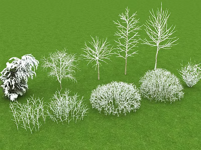 Snow Covered Trees In Various Shapes On Green Grassland 3d model