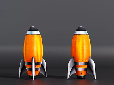 Two Shiny Orange Rocket Models With Metallic Silver Bases And Wings 3d model