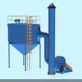 Blue Industrial Equipment With Chimney Pipeline Yellow Guardrail Platform And Ladder