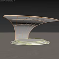 Modern Outdoor Curved Canopy Structure With Circular Platform Wooden Deck Trees And Buildings