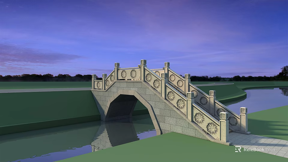 Scenic Stone Bridge With Arched Archway Carved Railings Over Water At Dusk 3d model 
