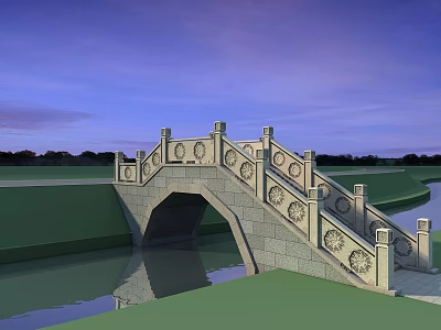 Scenic Stone Bridge With Arched Archway Carved Railings Over Water At Dusk 3d model