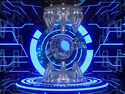 Futuristic Tech Photo Check In Spot With Metallic Structure Blue Neon Lines And Geometric Patterns 3d model
