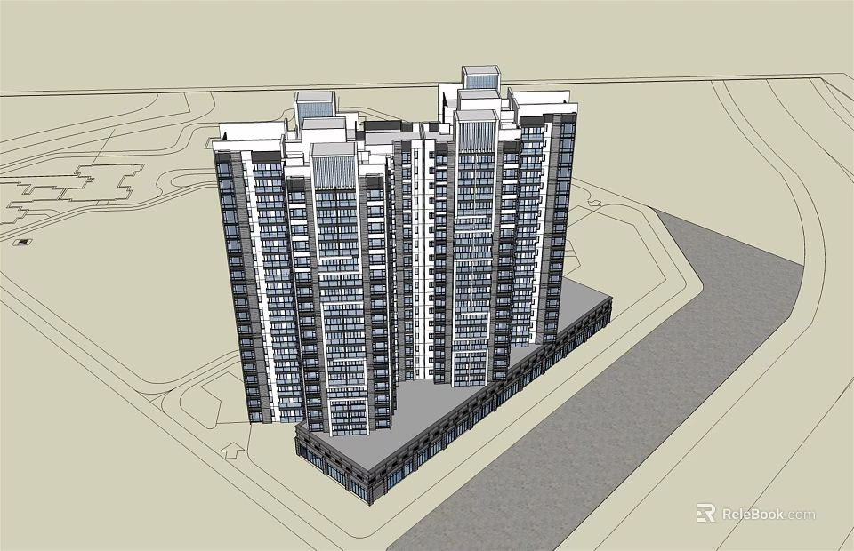 Modern High Rise Residential Building Complex With Symmetrical Design And Surrounding Road Layout 3d model
