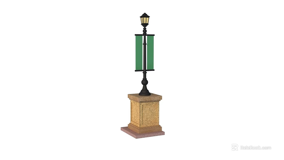Classic Table Lamp With Black Post Green Banners And Stone Pedestal Base 3d model