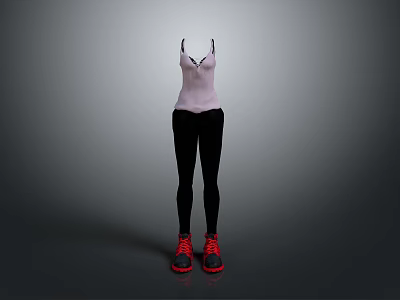 Stylish Fashion Outfit With Pink Tank Top Black Leggings And Red Sneakers 3d model