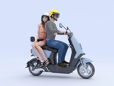 Two People Riding Light Blue Electric Scooter Together With Helmets 3d model
