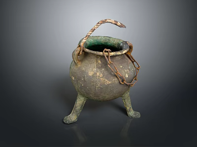 Ancient Bronze Household Vessel With Three Legs And Chain Handle Design 3d model