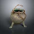 Ancient Bronze Household Vessel With Three Legs And Chain Handle Design