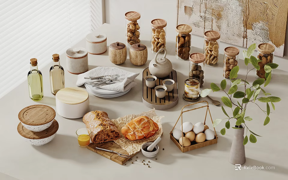 Fresh Bread Croissant And Eggs Arrangement With Olive Oil Jars Teacups And Plant On Table 3d model 