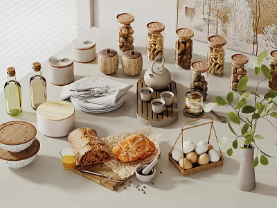 Fresh Bread Croissant And Eggs Arrangement With Olive Oil Jars Teacups And Plant On Table 3d model