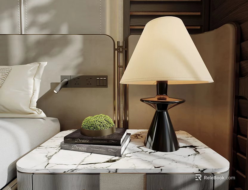 Modern Table Lamp With White Lampshade On Marble Bedside Table With Books And Green Plant 3d model 