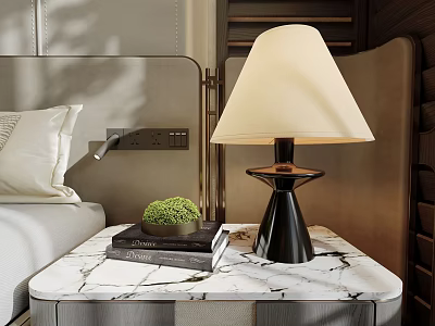 Modern Table Lamp With White Lampshade On Marble Bedside Table With Books And Green Plant 3d model