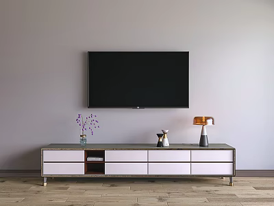 Modern TV Stand With White Gray Finish Drawers Cabinets And Decorative Items On Wooden Floor 3d model