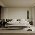 Modern Bedroom Interior With Bed Bench Bedside Tables And Window Greenery