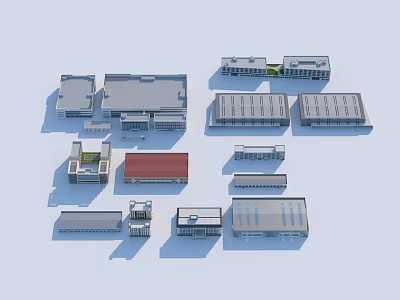 Aerial View Of Various Industrial Factory Designs With Different Roofs And Structures 3d model